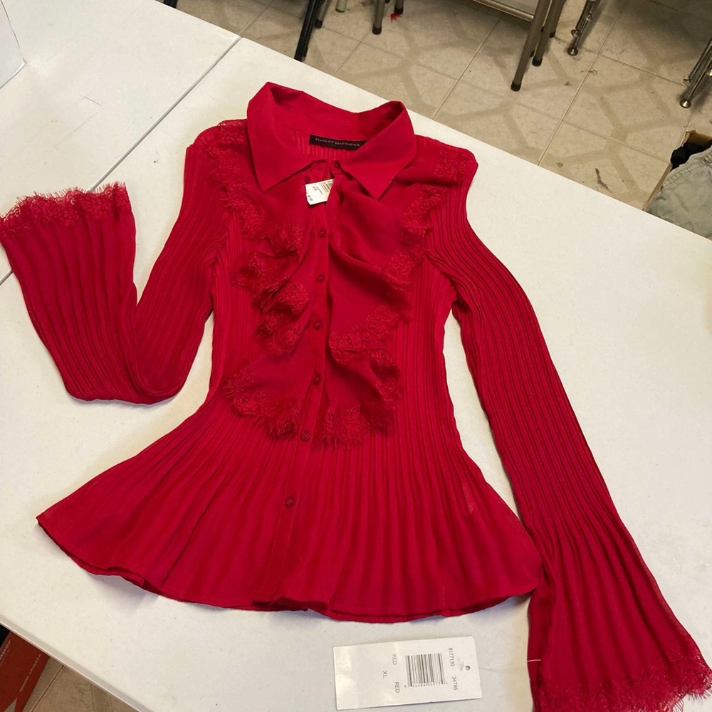 Ruffle Button-Up Blouse with Lace Details